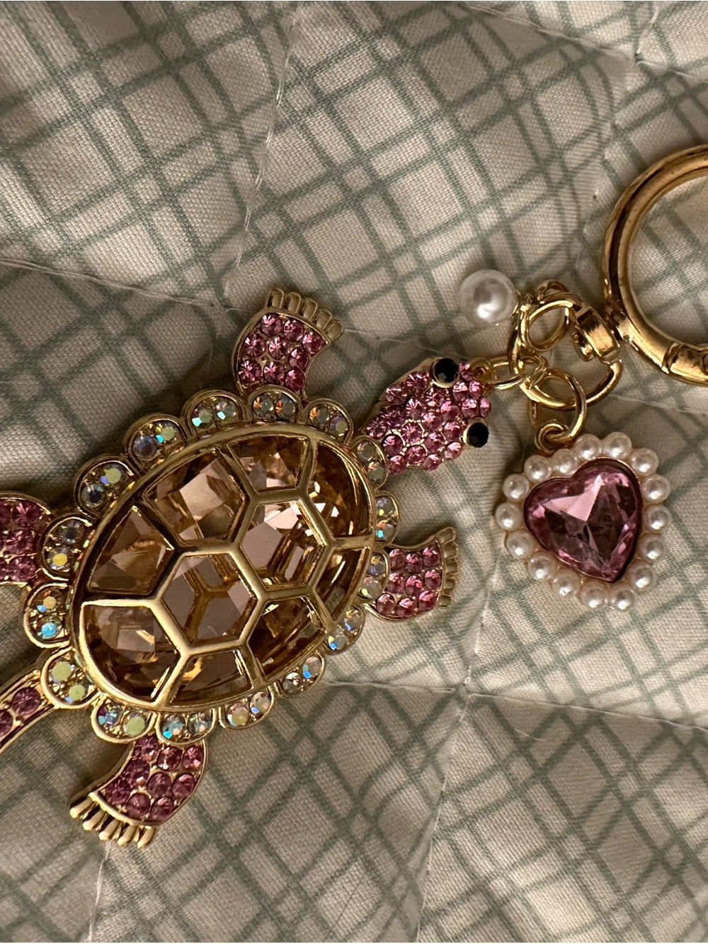 Gold-Tone Pink Rhinestone Turtle Bag Charm or Key Ring
